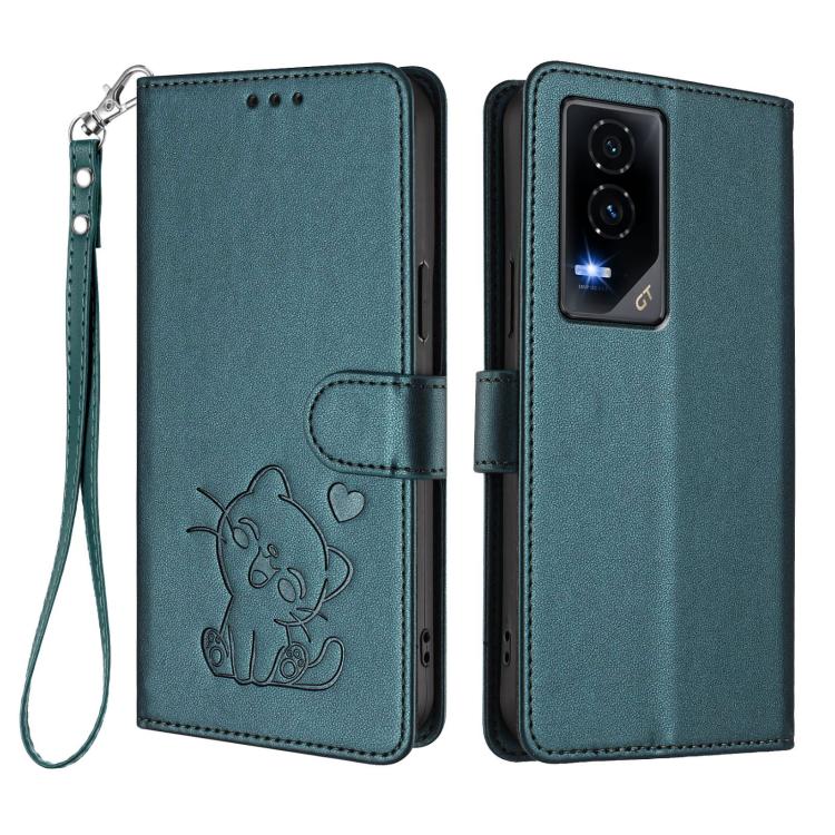 For Honor GT Embossed Heart Cat Leather Phone Case with Hand Strap