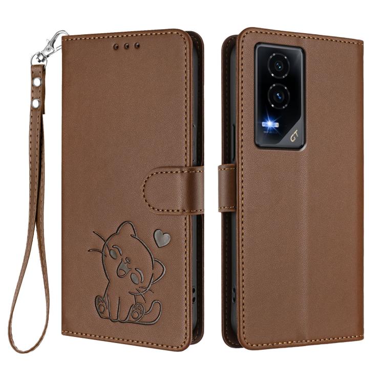 For Honor GT Embossed Heart Cat Leather Phone Case with Hand Strap