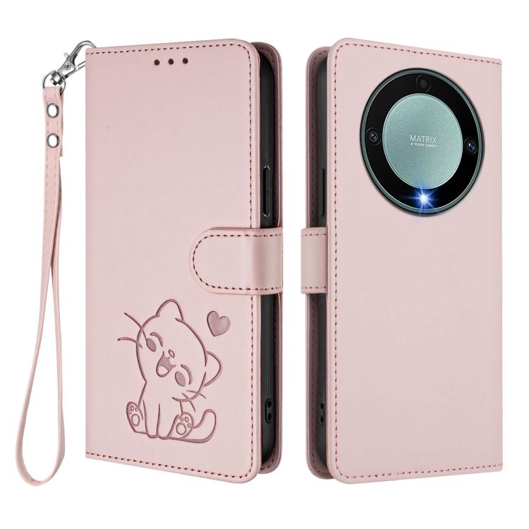 For Honor Magic5 Lite / X9a / X40 Embossed Heart Cat Leather Phone Case with Hand Strap