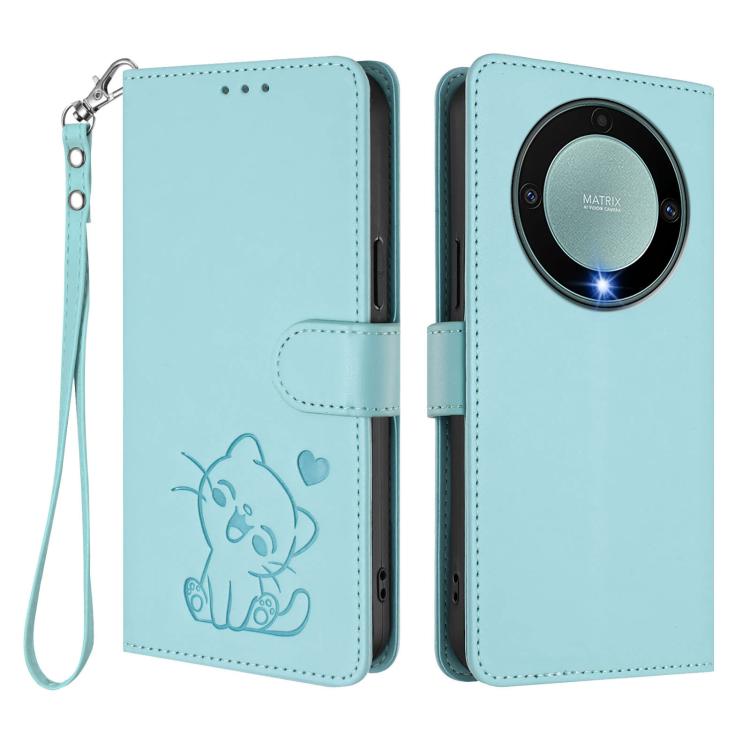 For Honor Magic5 Lite / X9a / X40 Embossed Heart Cat Leather Phone Case with Hand Strap