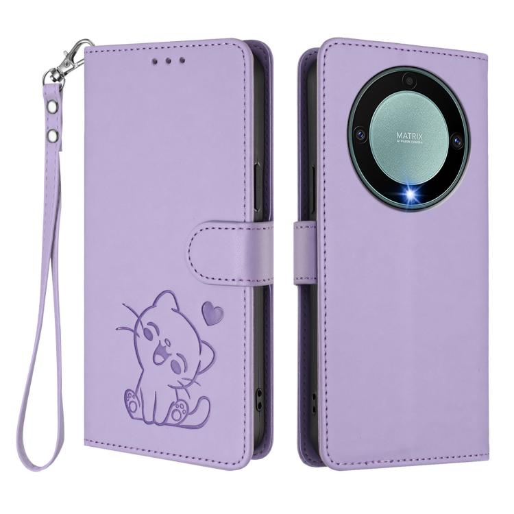 For Honor Magic5 Lite / X9a / X40 Embossed Heart Cat Leather Phone Case with Hand Strap