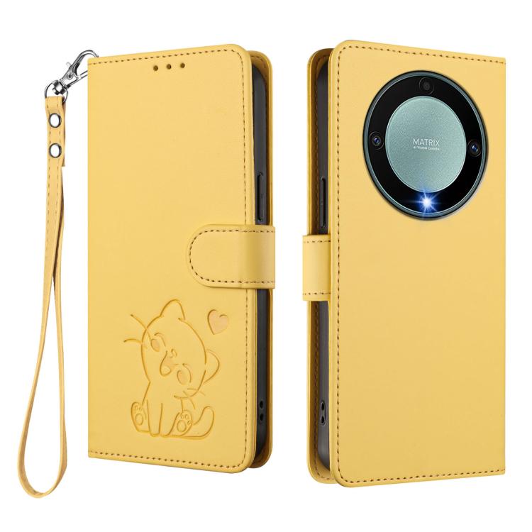 For Honor Magic5 Lite / X9a / X40 Embossed Heart Cat Leather Phone Case with Hand Strap