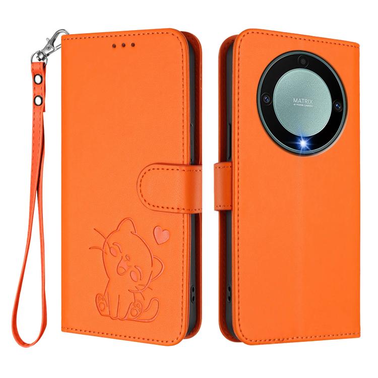 For Honor Magic5 Lite / X9a / X40 Embossed Heart Cat Leather Phone Case with Hand Strap