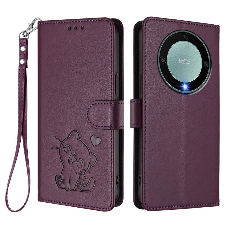 For Honor Magic5 Lite / X9a / X40 Embossed Heart Cat Leather Phone Case with Hand Strap