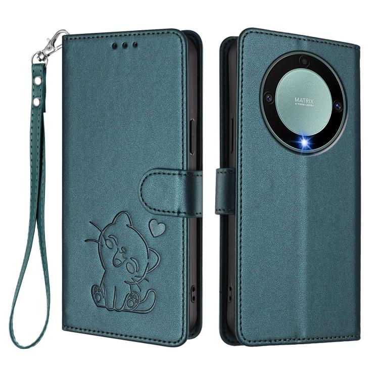 For Honor Magic5 Lite / X9a / X40 Embossed Heart Cat Leather Phone Case with Hand Strap