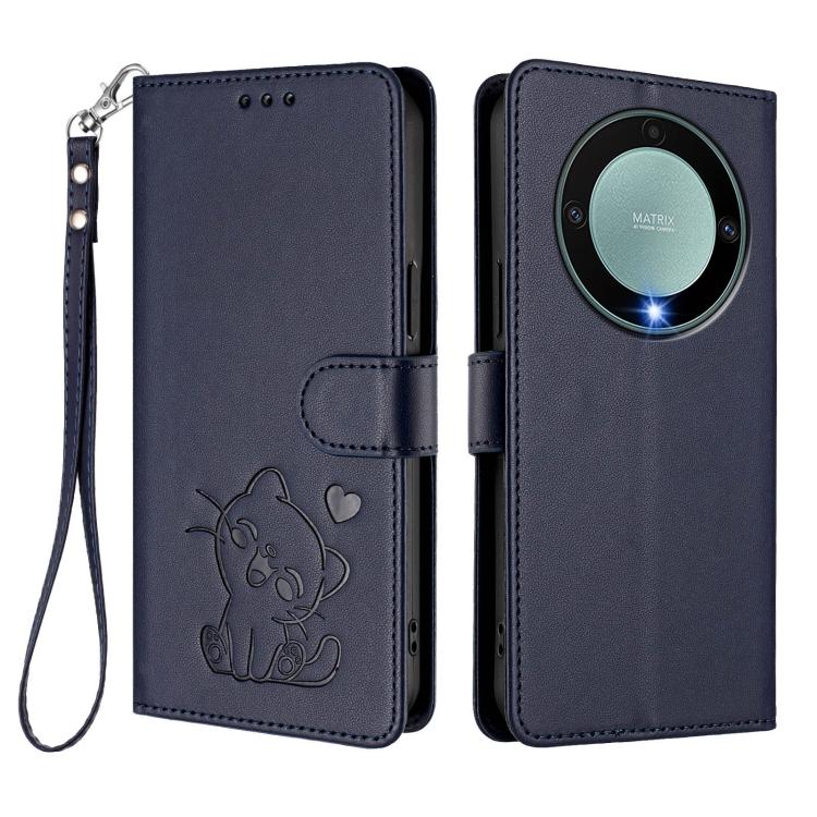For Honor Magic5 Lite / X9a / X40 Embossed Heart Cat Leather Phone Case with Hand Strap