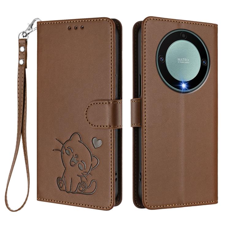 For Honor Magic5 Lite / X9a / X40 Embossed Heart Cat Leather Phone Case with Hand Strap