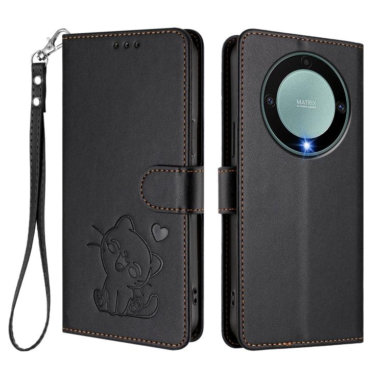 For Honor Magic5 Lite / X9a / X40 Embossed Heart Cat Leather Phone Case with Hand Strap