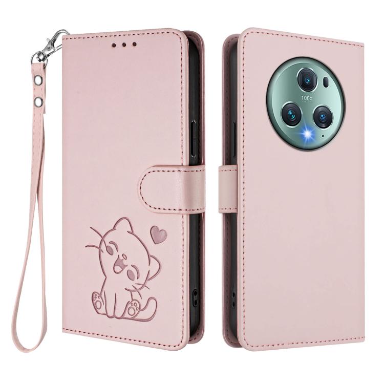 For Honor Magic5 Pro Embossed Heart Cat Leather Phone Case with Hand Strap