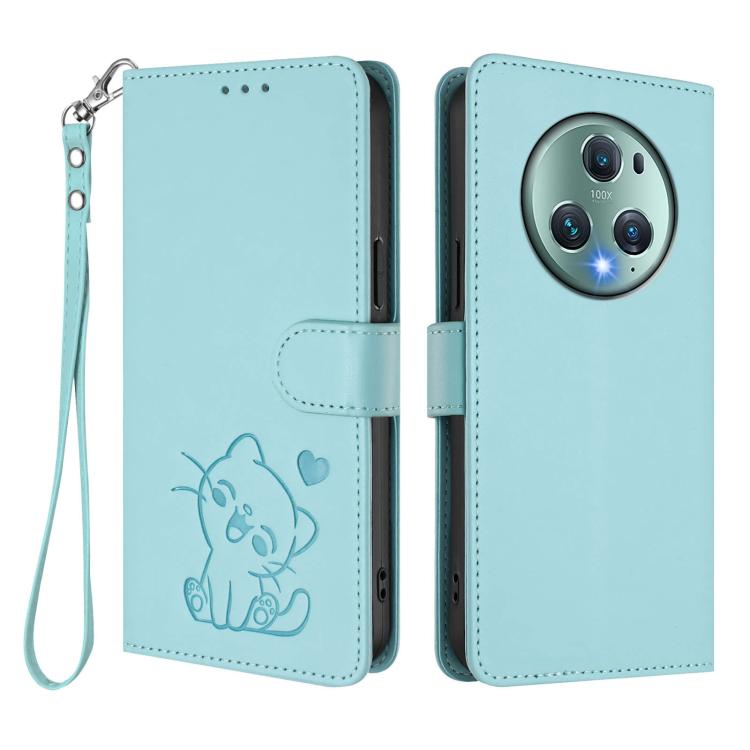 For Honor Magic5 Pro Embossed Heart Cat Leather Phone Case with Hand Strap
