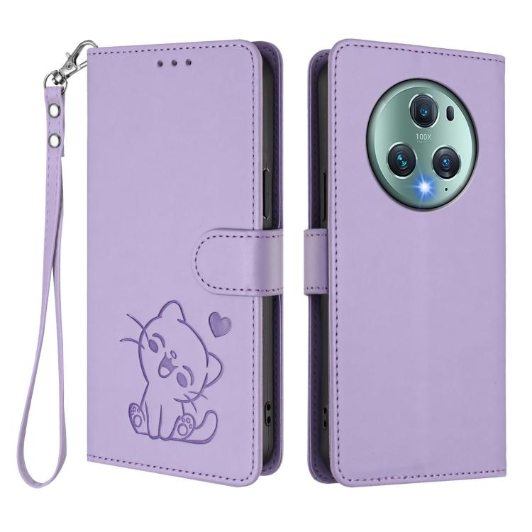For Honor Magic5 Pro Embossed Heart Cat Leather Phone Case with Hand Strap