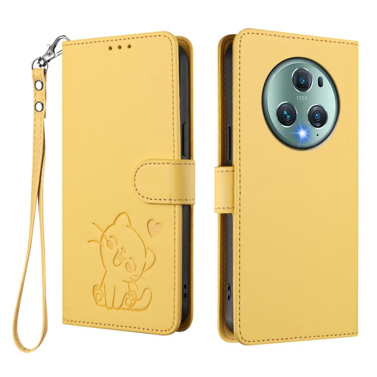 For Honor Magic5 Pro Embossed Heart Cat Leather Phone Case with Hand Strap