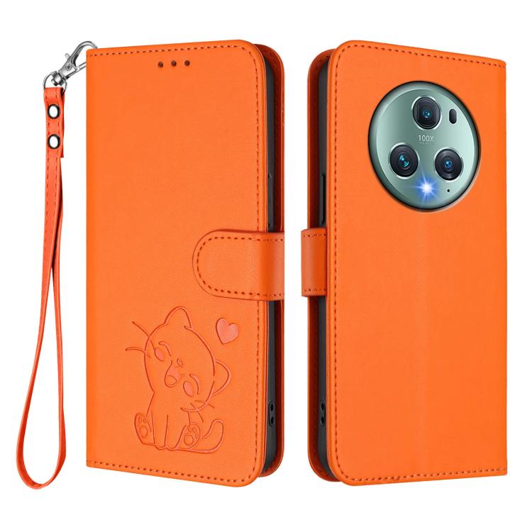 For Honor Magic5 Pro Embossed Heart Cat Leather Phone Case with Hand Strap