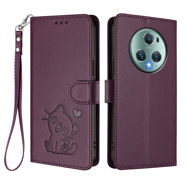 For Honor Magic5 Pro Embossed Heart Cat Leather Phone Case with Hand Strap