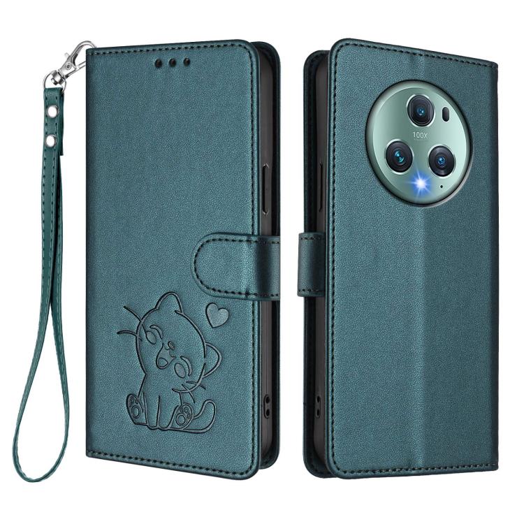 For Honor Magic5 Pro Embossed Heart Cat Leather Phone Case with Hand Strap