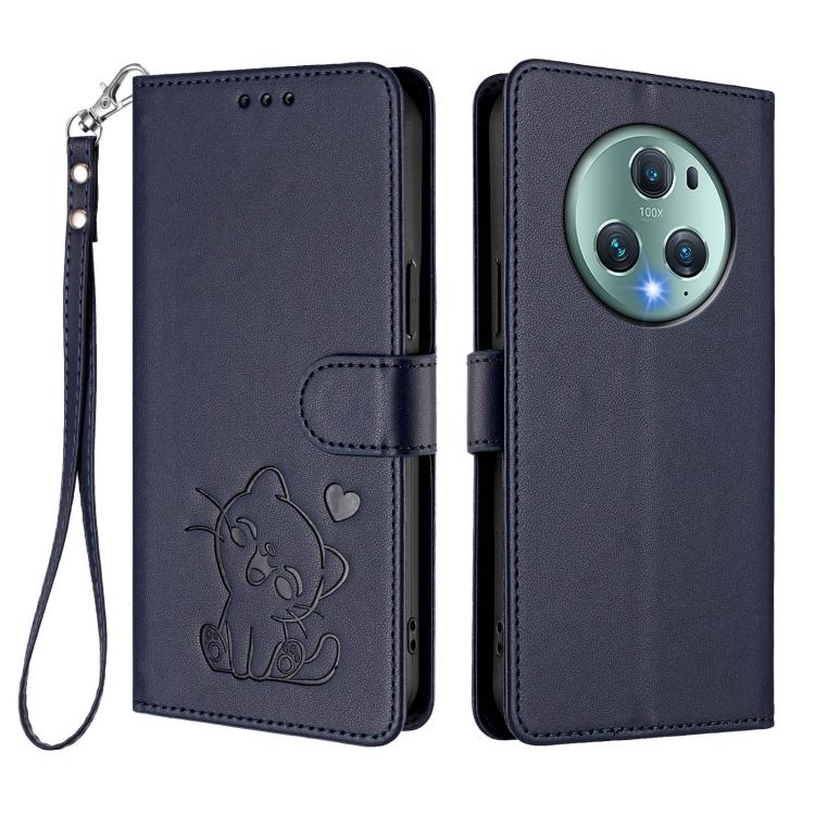 For Honor Magic5 Pro Embossed Heart Cat Leather Phone Case with Hand Strap