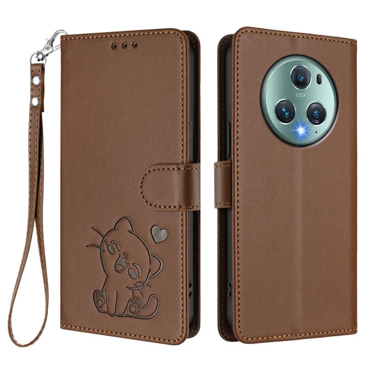 For Honor Magic5 Pro Embossed Heart Cat Leather Phone Case with Hand Strap
