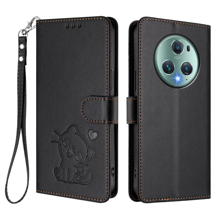 For Honor Magic5 Pro Embossed Heart Cat Leather Phone Case with Hand Strap