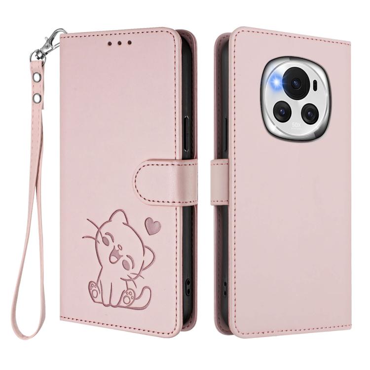 For Honor Magic6 Embossed Heart Cat Leather Phone Case with Hand Strap