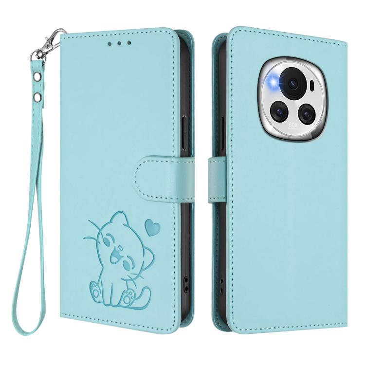 For Honor Magic6 Embossed Heart Cat Leather Phone Case with Hand Strap