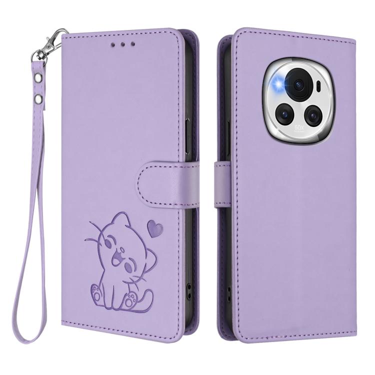 For Honor Magic6 Embossed Heart Cat Leather Phone Case with Hand Strap