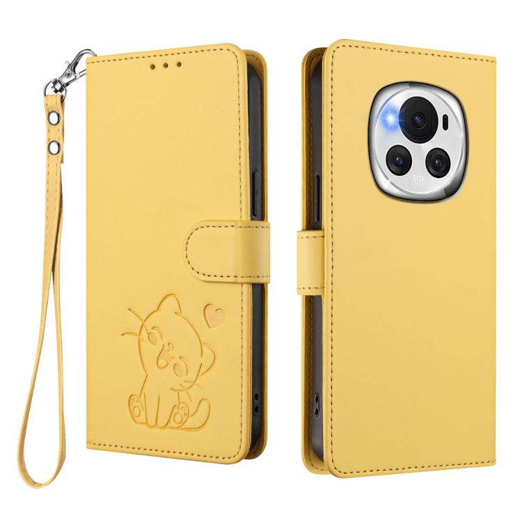 For Honor Magic6 Embossed Heart Cat Leather Phone Case with Hand Strap