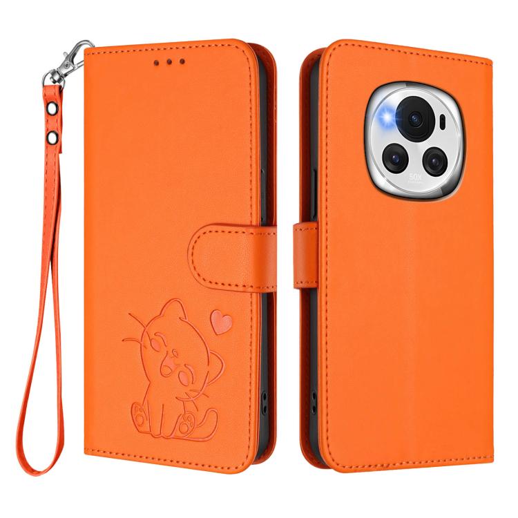 For Honor Magic6 Embossed Heart Cat Leather Phone Case with Hand Strap
