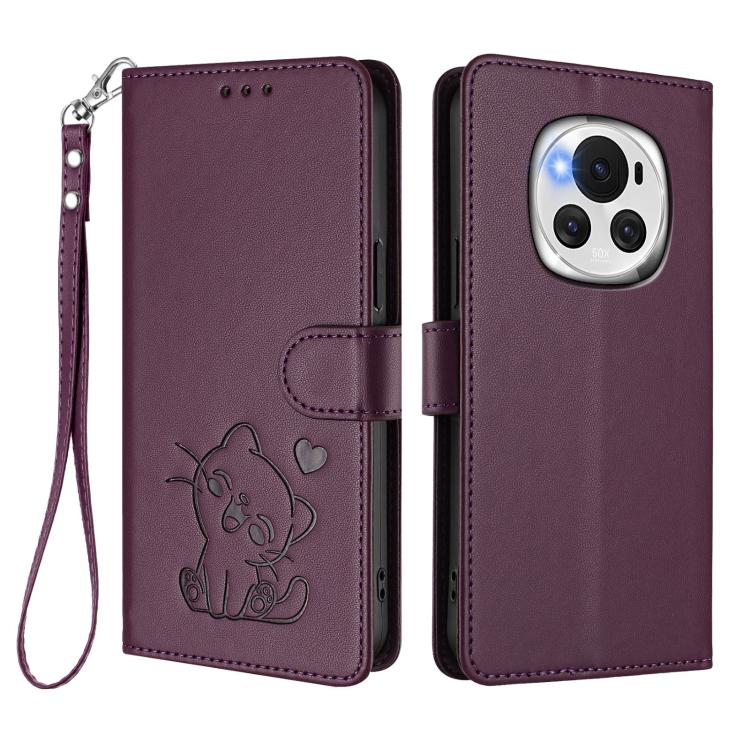 For Honor Magic6 Embossed Heart Cat Leather Phone Case with Hand Strap