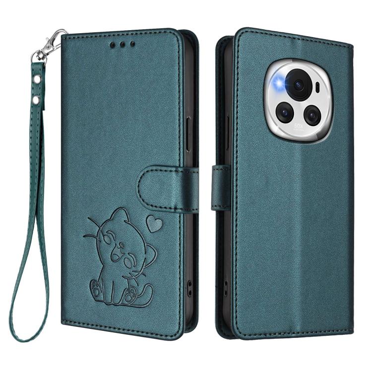 For Honor Magic6 Embossed Heart Cat Leather Phone Case with Hand Strap