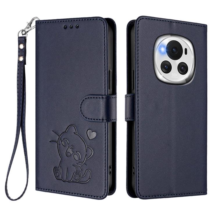 For Honor Magic6 Embossed Heart Cat Leather Phone Case with Hand Strap