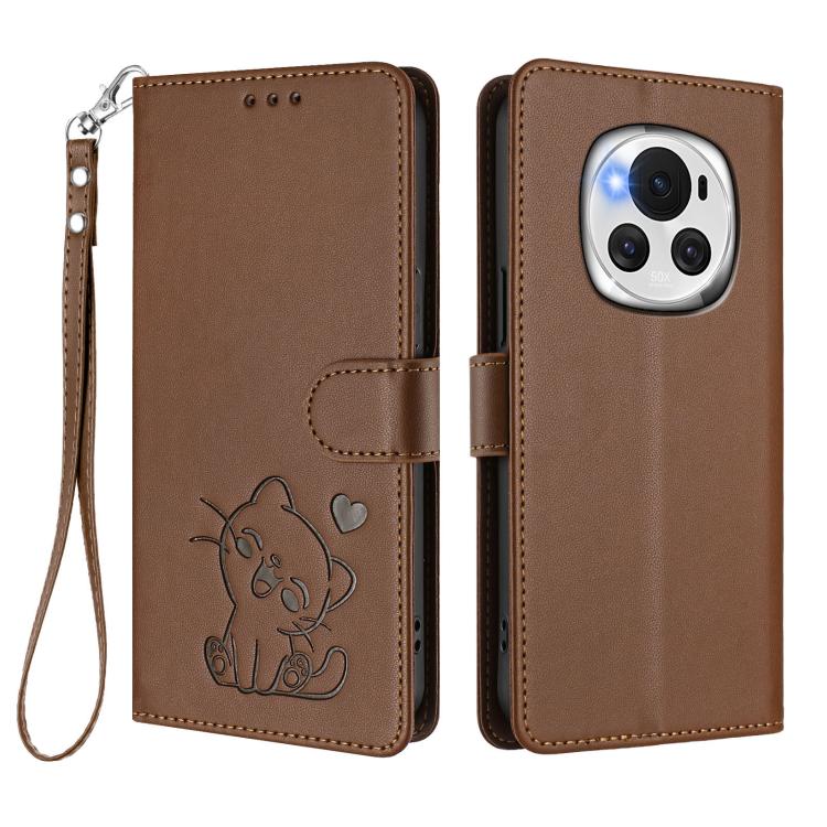 For Honor Magic6 Embossed Heart Cat Leather Phone Case with Hand Strap