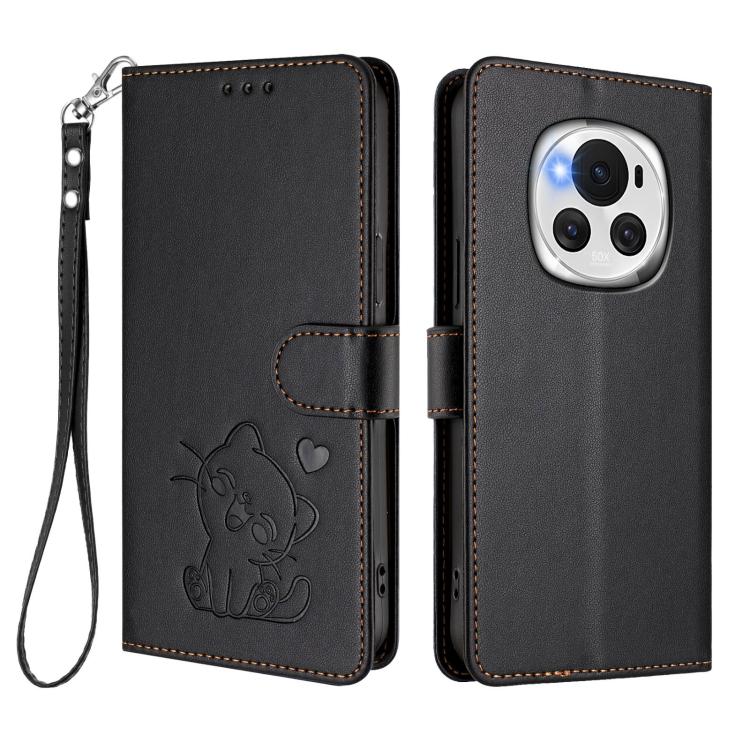 For Honor Magic6 Embossed Heart Cat Leather Phone Case with Hand Strap