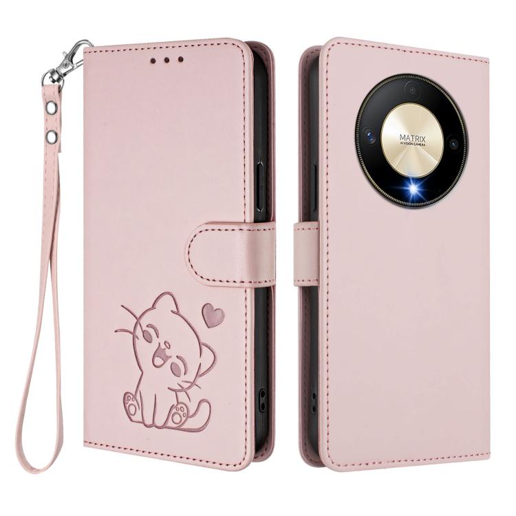 For Honor Magic6 Lite 5G / X9b / X50 / X50 Pro Embossed Heart Cat Leather Phone Case with Hand Strap