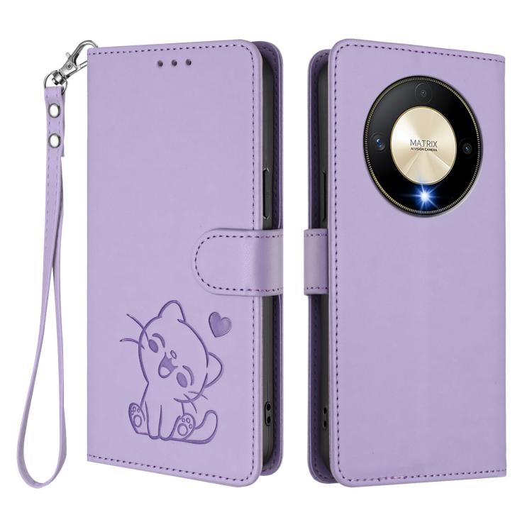 For Honor Magic6 Lite 5G / X9b / X50 / X50 Pro Embossed Heart Cat Leather Phone Case with Hand Strap