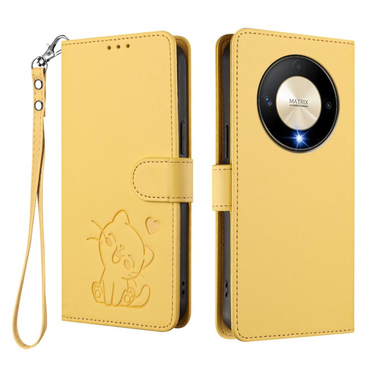 For Honor Magic6 Lite 5G / X9b / X50 / X50 Pro Embossed Heart Cat Leather Phone Case with Hand Strap