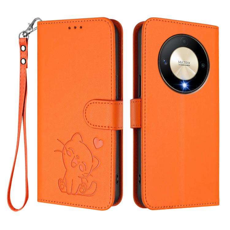 For Honor Magic6 Lite 5G / X9b / X50 / X50 Pro Embossed Heart Cat Leather Phone Case with Hand Strap