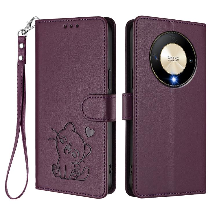 For Honor Magic6 Lite 5G / X9b / X50 / X50 Pro Embossed Heart Cat Leather Phone Case with Hand Strap