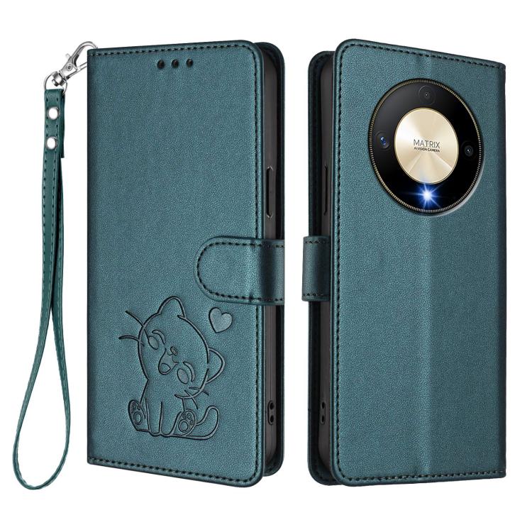 For Honor Magic6 Lite 5G / X9b / X50 / X50 Pro Embossed Heart Cat Leather Phone Case with Hand Strap