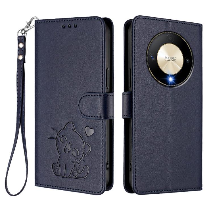 For Honor Magic6 Lite 5G / X9b / X50 / X50 Pro Embossed Heart Cat Leather Phone Case with Hand Strap