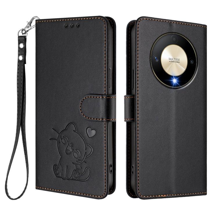 For Honor Magic6 Lite 5G / X9b / X50 / X50 Pro Embossed Heart Cat Leather Phone Case with Hand Strap