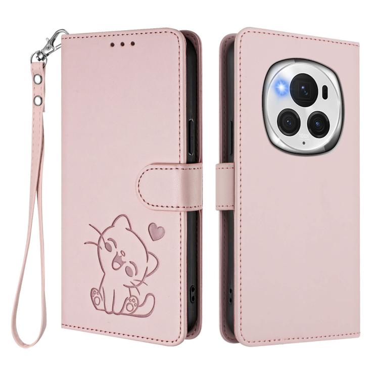 For Honor Magic6 Pro Embossed Heart Cat Leather Phone Case with Hand Strap