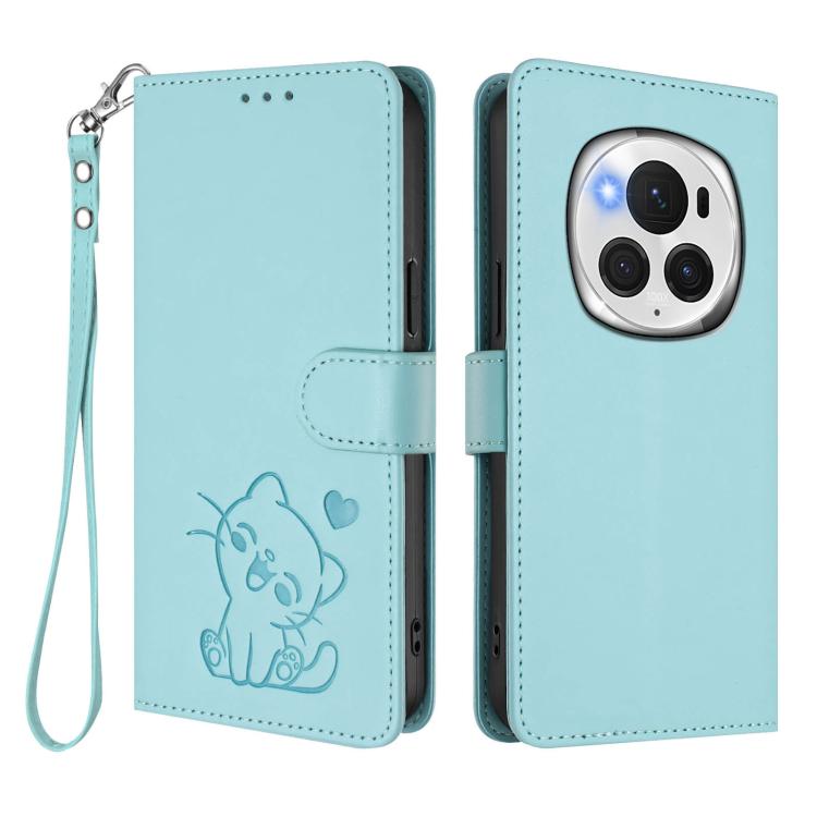For Honor Magic6 Pro Embossed Heart Cat Leather Phone Case with Hand Strap