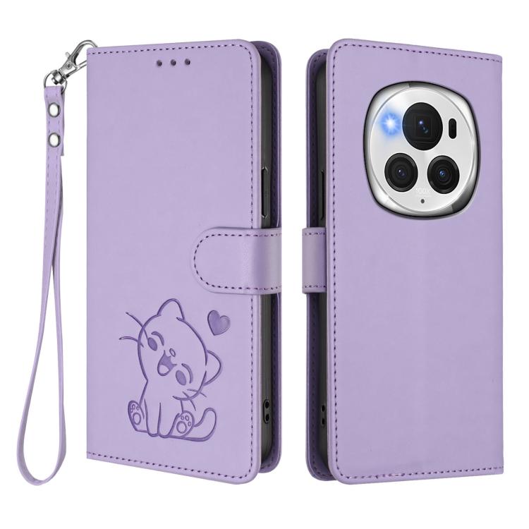 For Honor Magic6 Pro Embossed Heart Cat Leather Phone Case with Hand Strap