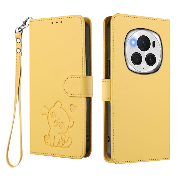 For Honor Magic6 Pro Embossed Heart Cat Leather Phone Case with Hand Strap