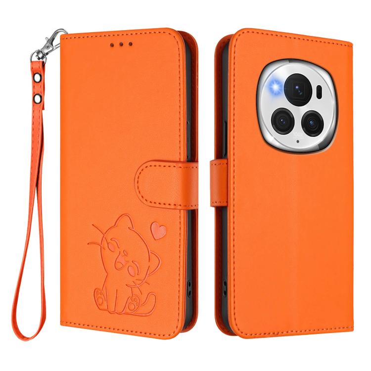 For Honor Magic6 Pro Embossed Heart Cat Leather Phone Case with Hand Strap