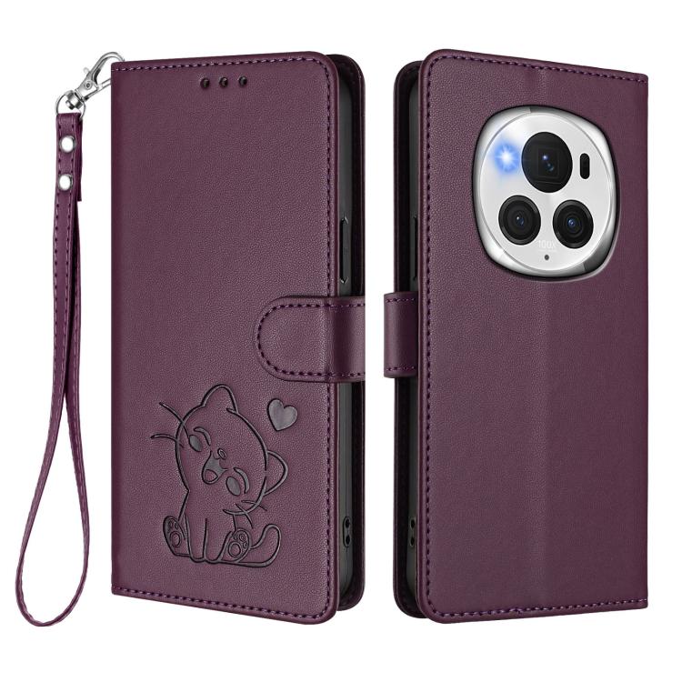For Honor Magic6 Pro Embossed Heart Cat Leather Phone Case with Hand Strap