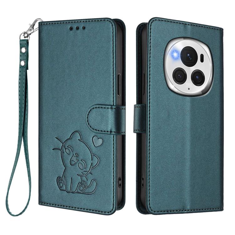 For Honor Magic6 Pro Embossed Heart Cat Leather Phone Case with Hand Strap