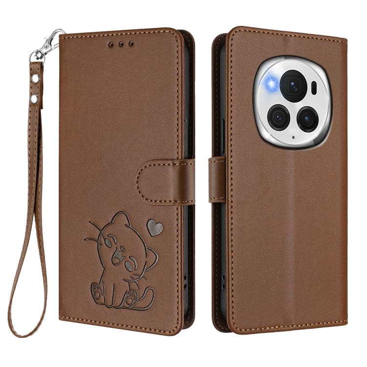 For Honor Magic6 Pro Embossed Heart Cat Leather Phone Case with Hand Strap