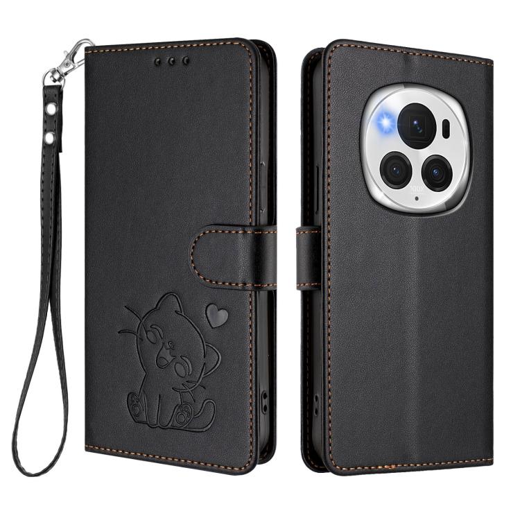 For Honor Magic6 Pro Embossed Heart Cat Leather Phone Case with Hand Strap