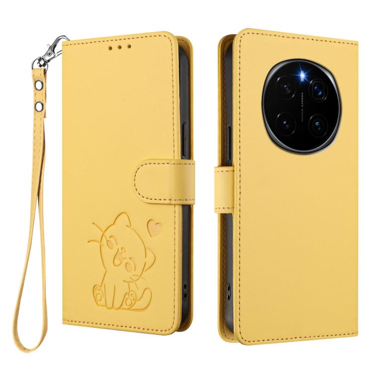 For Honor Magic7 Embossed Heart Cat Leather Phone Case with Hand Strap
